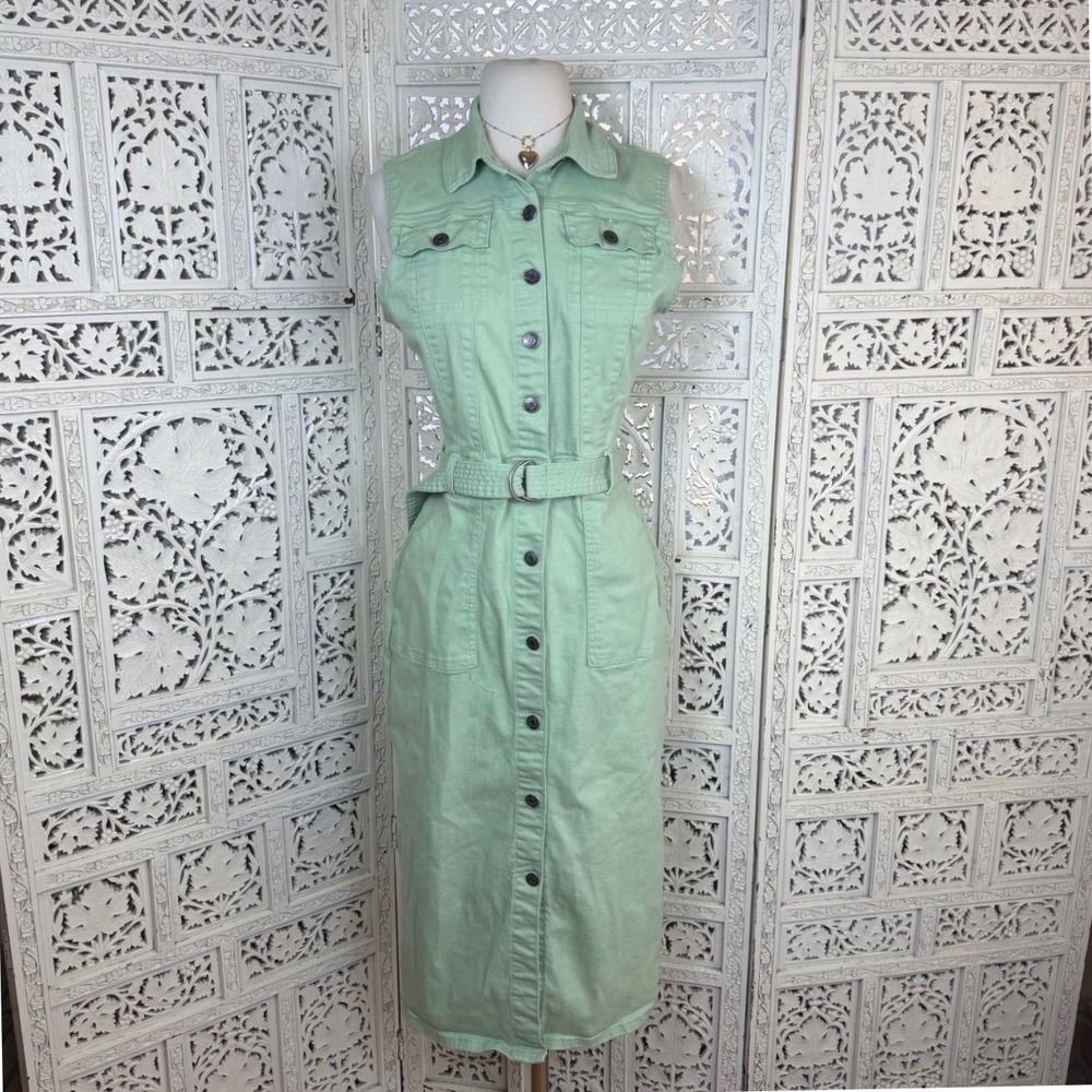 New York & Company Green Denim Button Up Dress Medium 90's Casual Retro‎